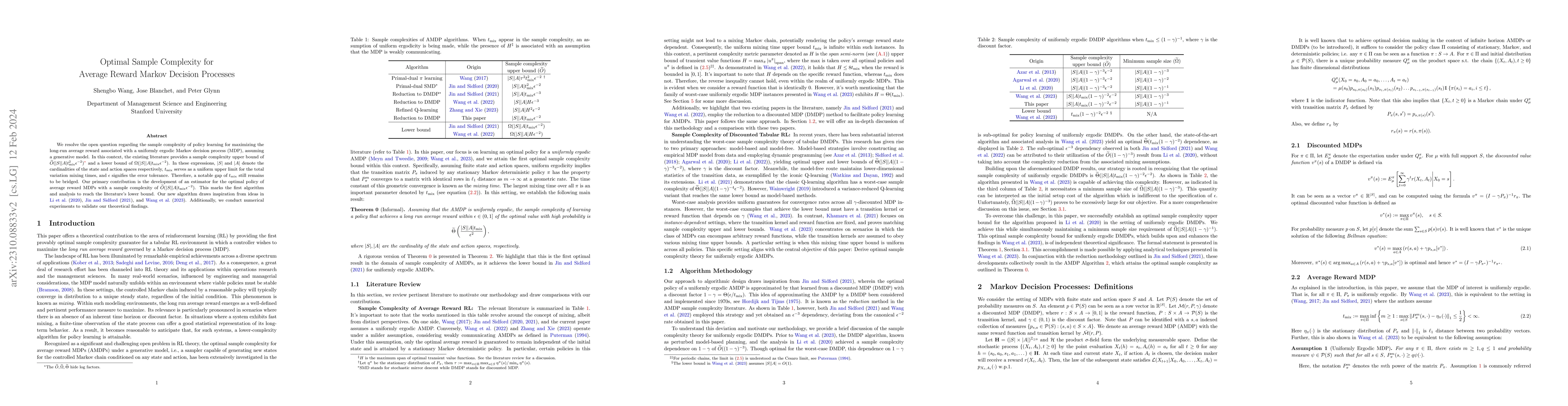 Thumbnail for Optimal Sample Complexity for Average Reward Markov Decision Processes
