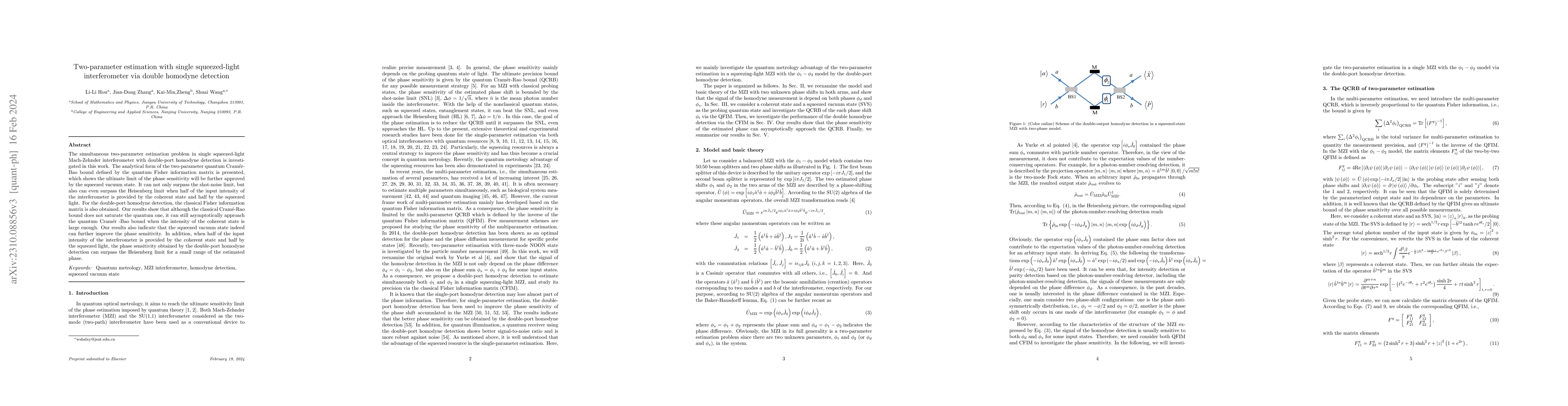 Thumbnail for Two-parameter estimation with single squeezed-light interferometer via
  double homodyne detection