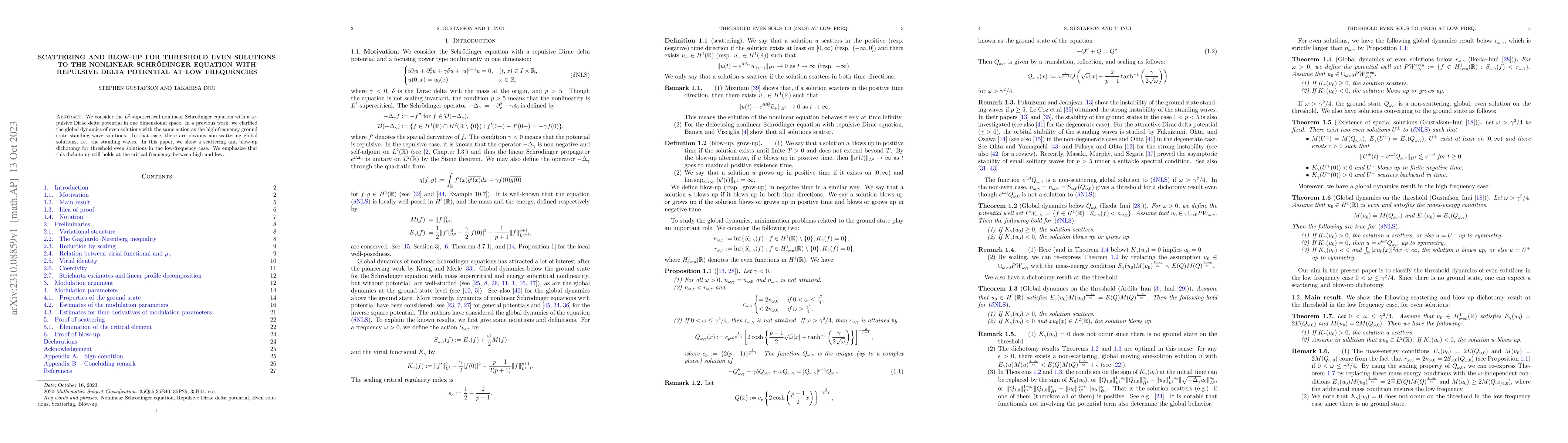 Thumbnail for Scattering and Blow-up for threshold even solutions to the nonlinear
  Schr\"{o}dinger equation with repulsive delta potential at low frequencies