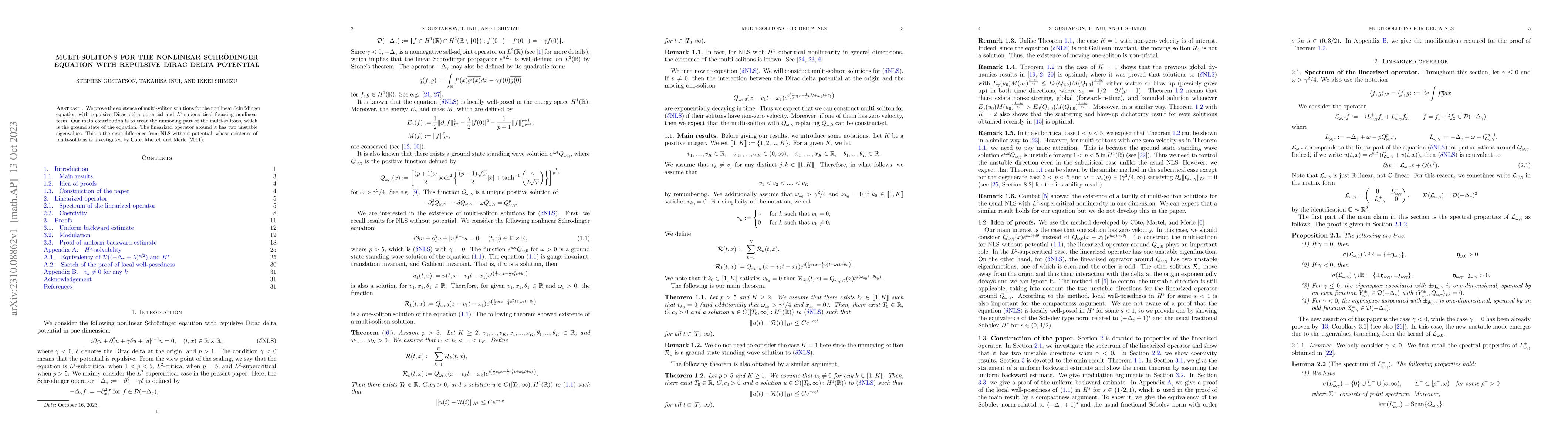 Thumbnail for Multi-solitons for the nonlinear Schr\"{o}dinger equation with repulsive
  Dirac delta potential