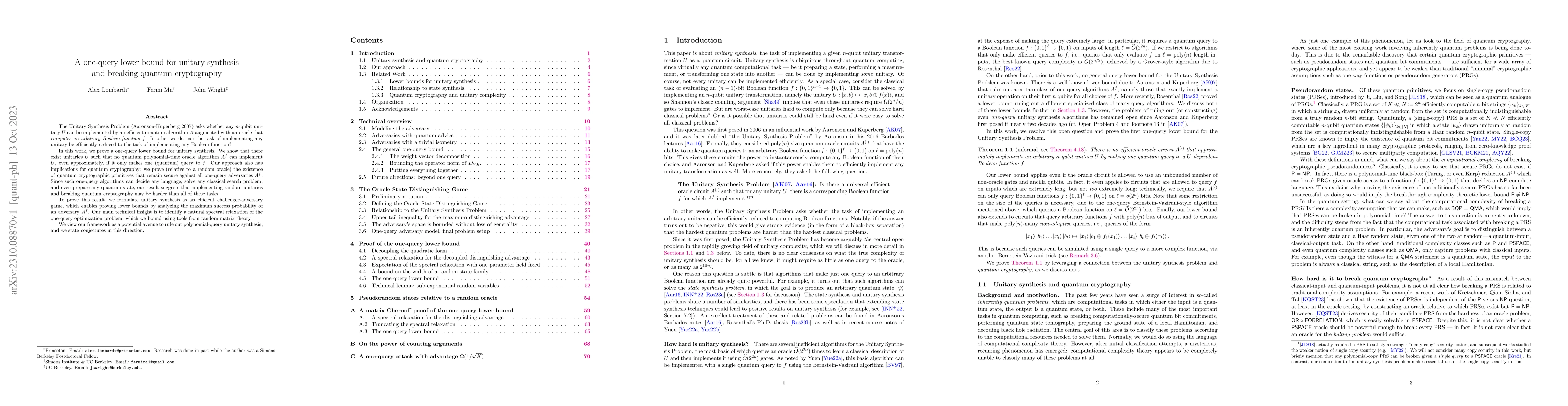 Thumbnail for A one-query lower bound for unitary synthesis and breaking quantum
  cryptography