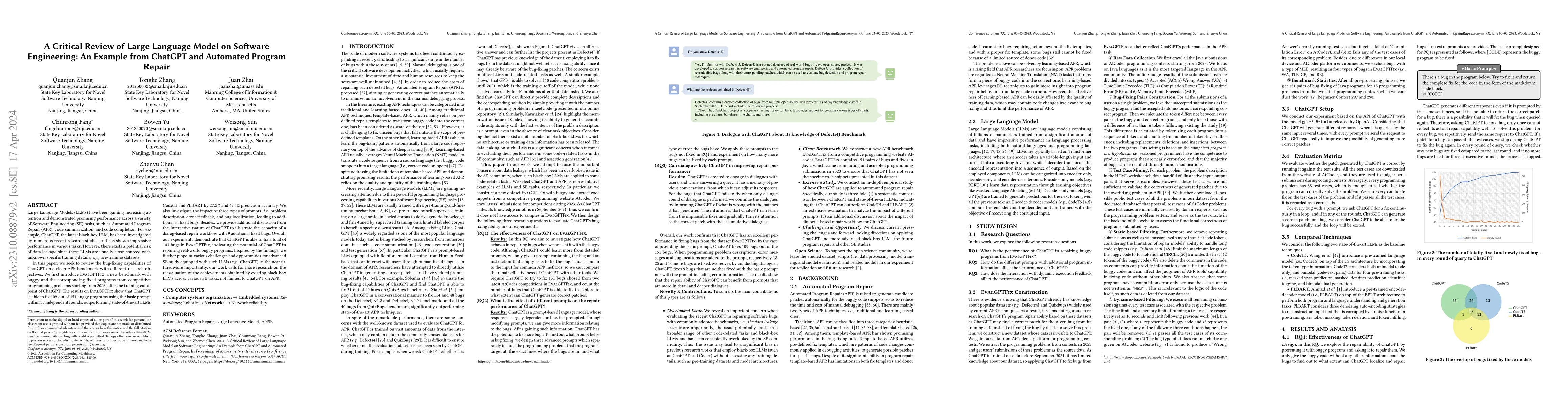 Thumbnail for A Critical Review of Large Language Model on Software Engineering: An
  Example from ChatGPT and Automated Program Repair