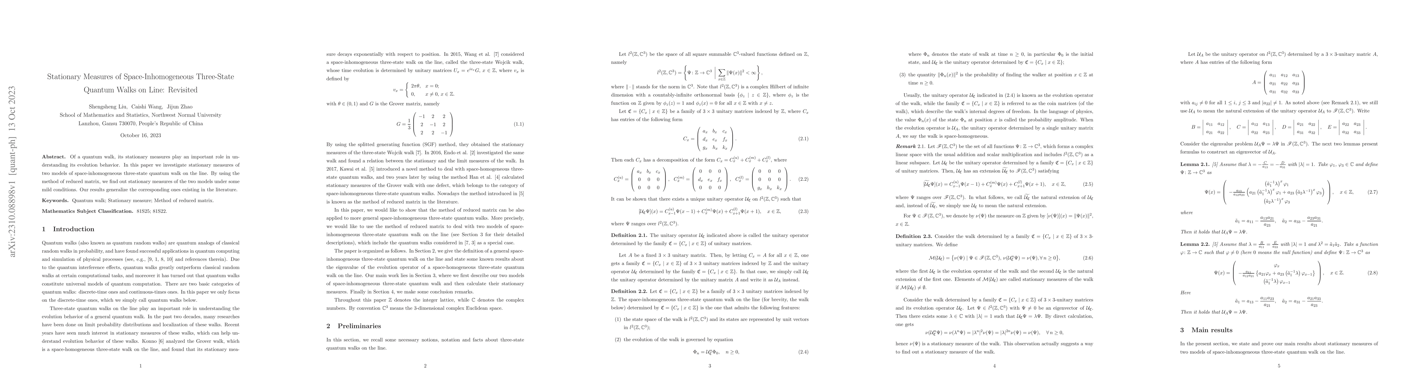 Thumbnail for Stationary Measures of Space-Inhomogeneous Three-State Quantum Walks on
  Line: Revisited