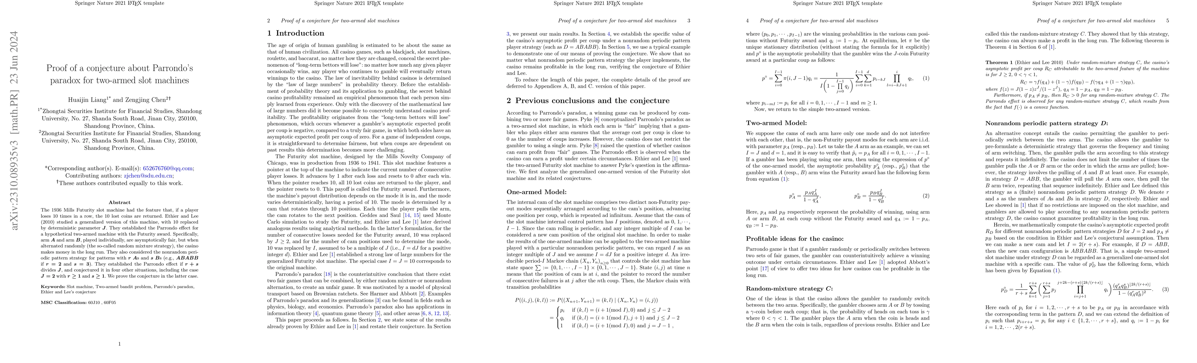 Thumbnail for Proof of a conjecture about Parrondo's paradox for two-armed slot
  machines