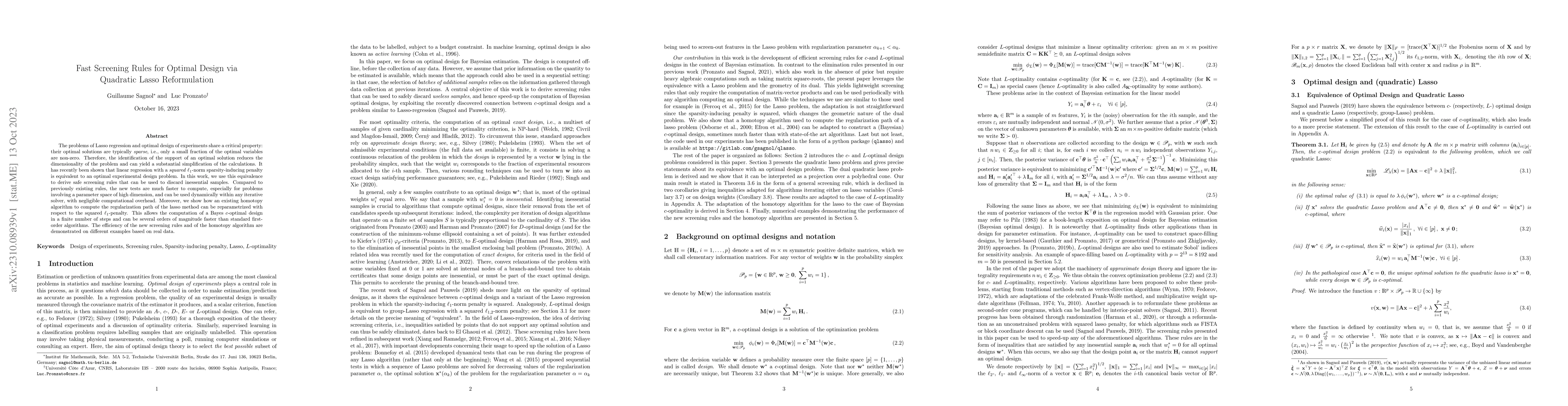 Thumbnail for Fast Screening Rules for Optimal Design via Quadratic Lasso
  Reformulation