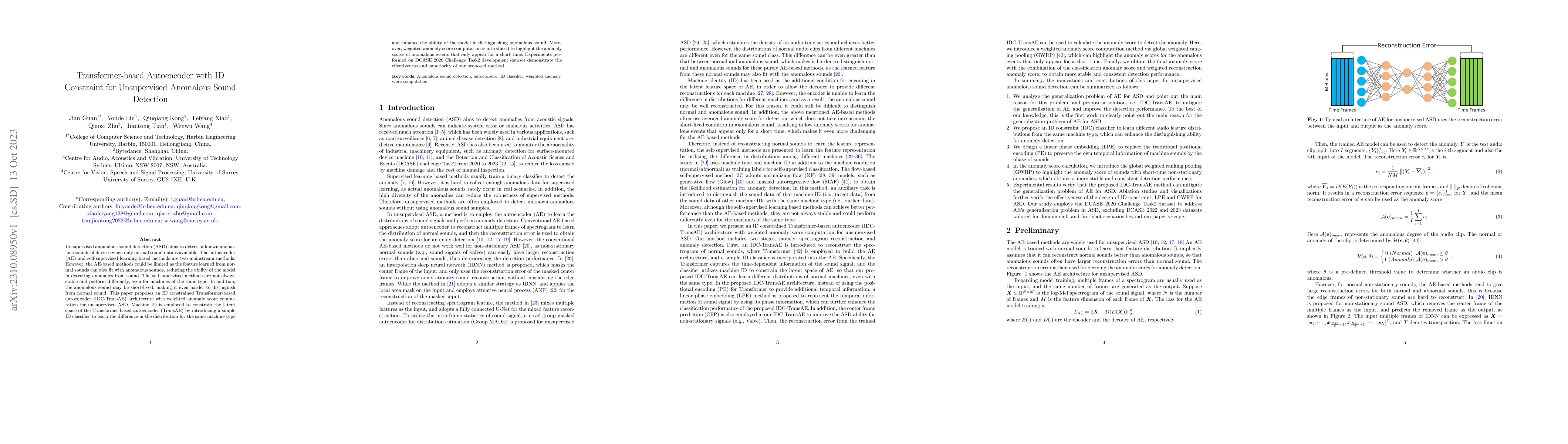 Thumbnail for Transformer-based Autoencoder with ID Constraint for Unsupervised
  Anomalous Sound Detection