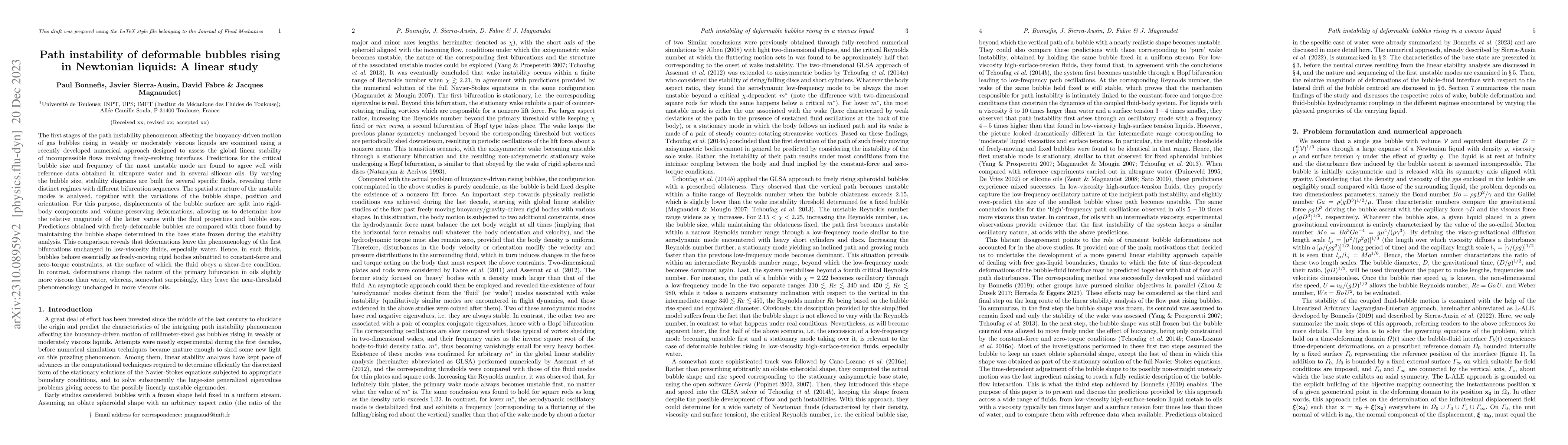 Thumbnail for Path instability of deformable bubbles rising in Newtonian liquids: A
  linear study