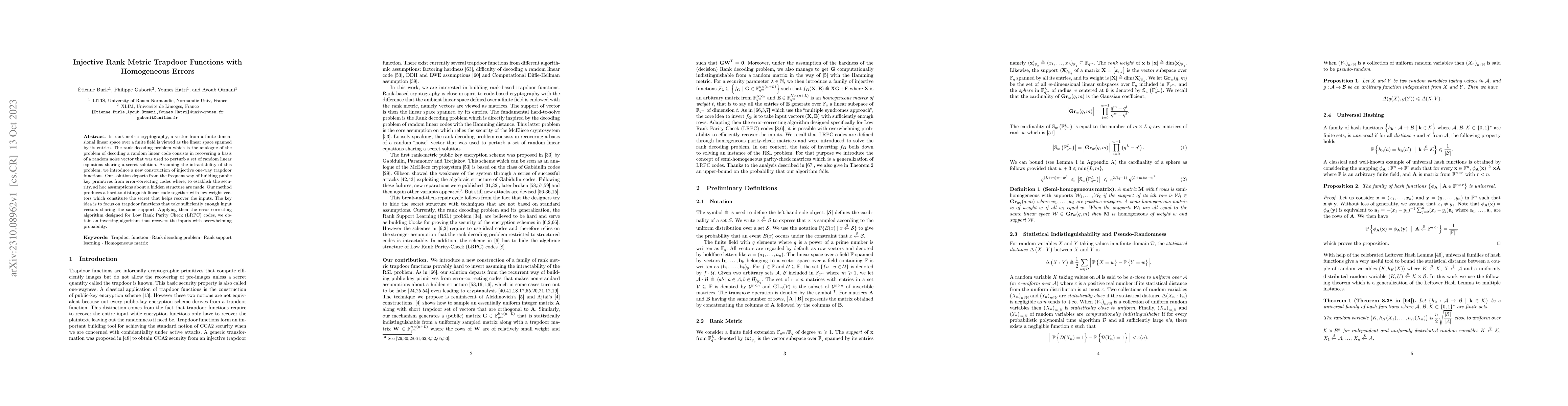 Thumbnail for Injective Rank Metric Trapdoor Functions with Homogeneous Errors
