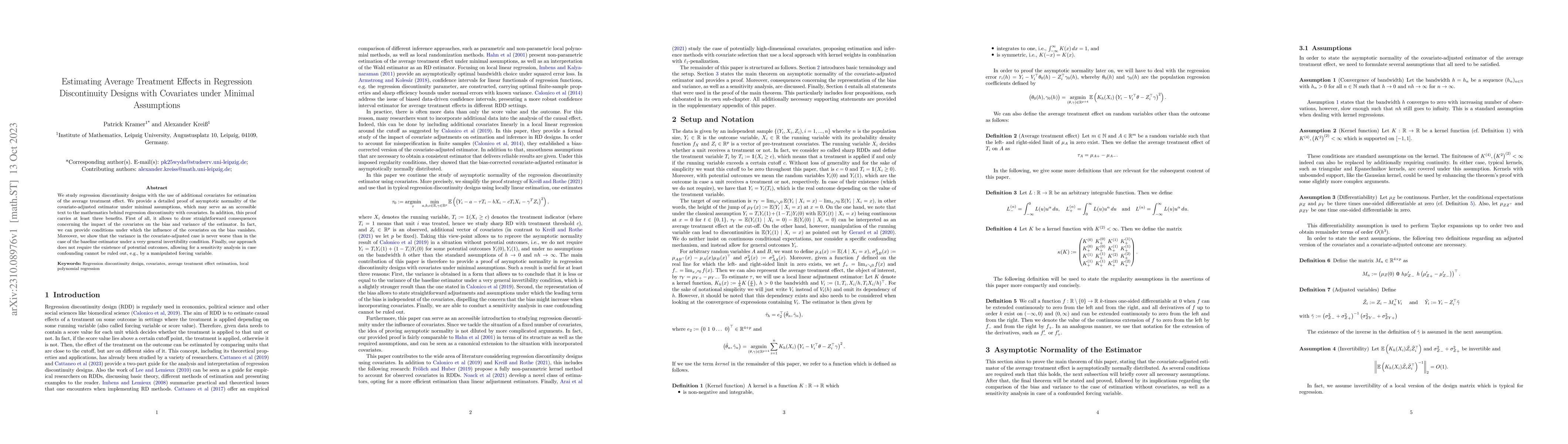 Thumbnail for Estimating Average Treatment Effects in Regression Discontinuity Designs
  with Covariates under Minimal Assumptions