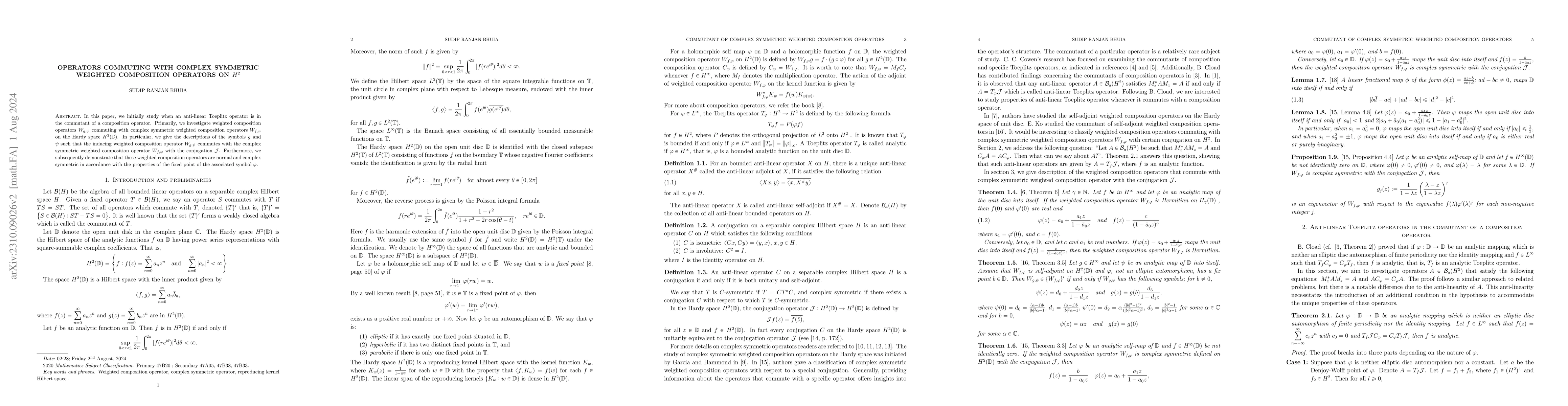 Thumbnail for Operators commuting with complex symmetric weighted composition
  operators on $H^2$