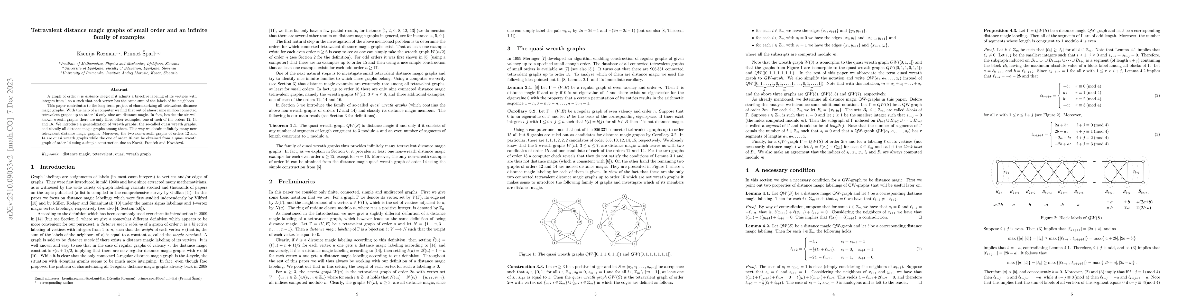 Thumbnail for Tetravalent distance magic graphs of small order and an infinite family
  of examples