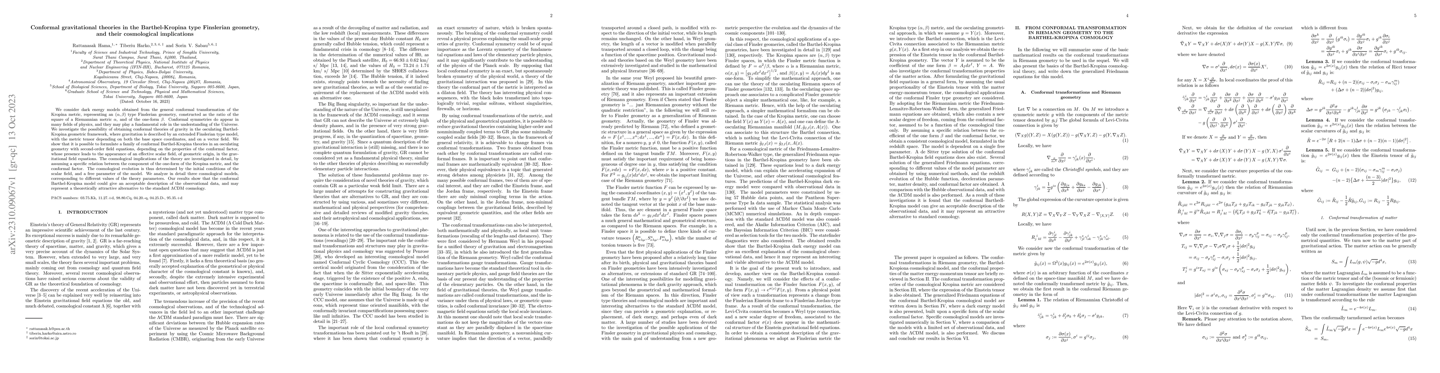 Thumbnail for Conformal gravitational theories in the Barthel-Kropina type Finslerian
  geometry, and their cosmological implications
