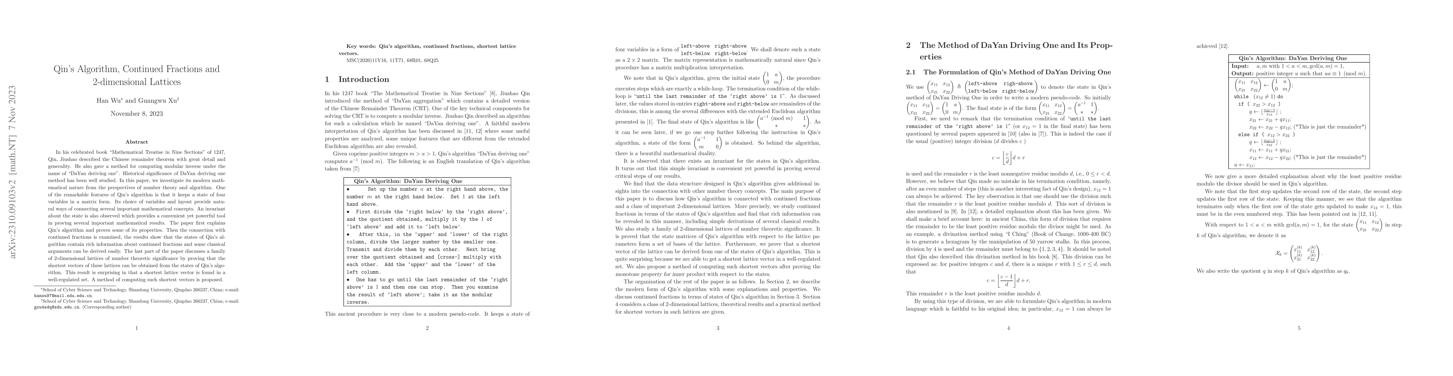 Thumbnail for Qin's Algorithm, Continued Fractions and 2-dimensional Lattices