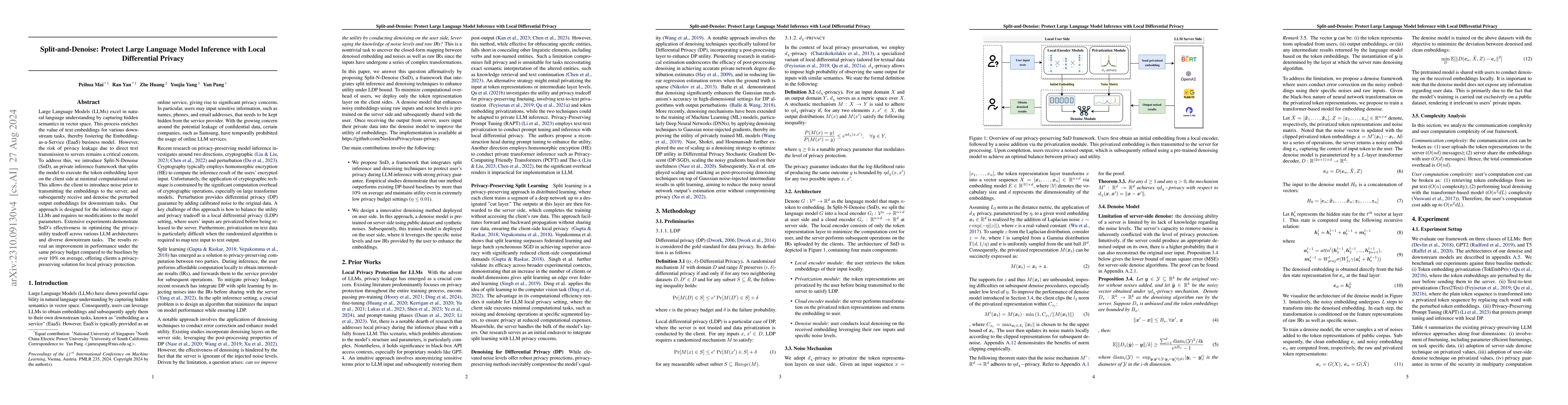 Thumbnail for Split-and-Denoise: Protect large language model inference with local
  differential privacy