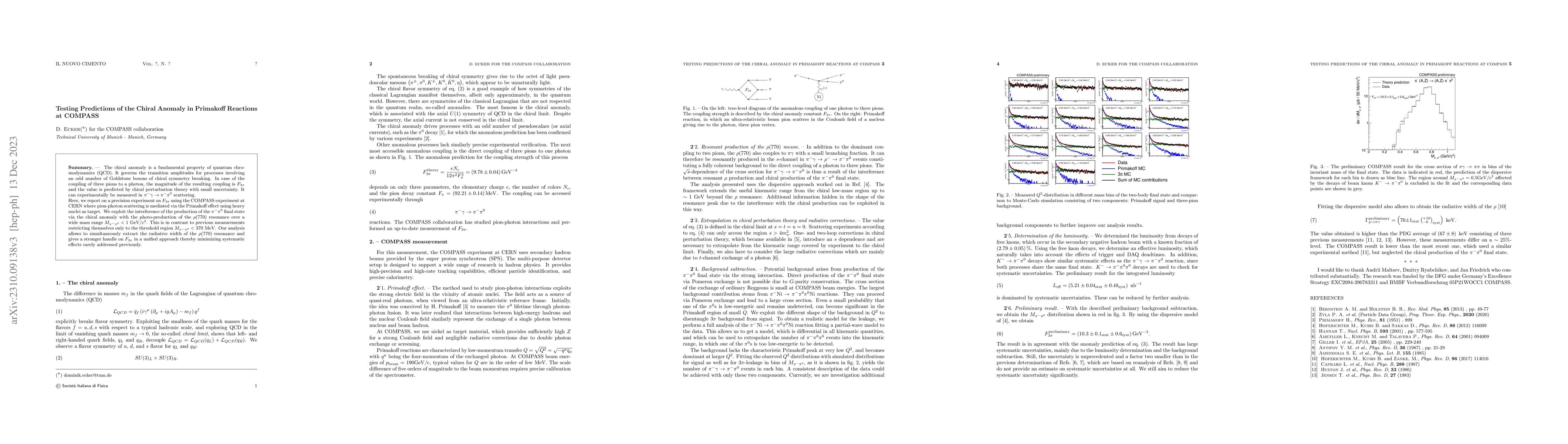 Thumbnail for Testing Predictions of the Chiral Anomaly in Primakoff Reactions at
  COMPASS