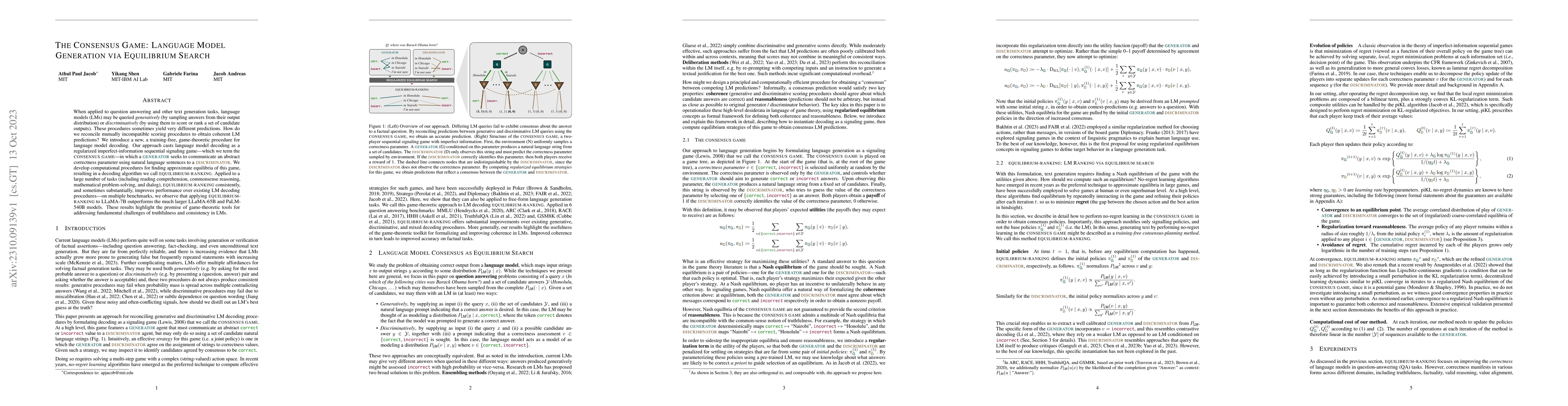 Thumbnail for The Consensus Game: Language Model Generation via Equilibrium Search