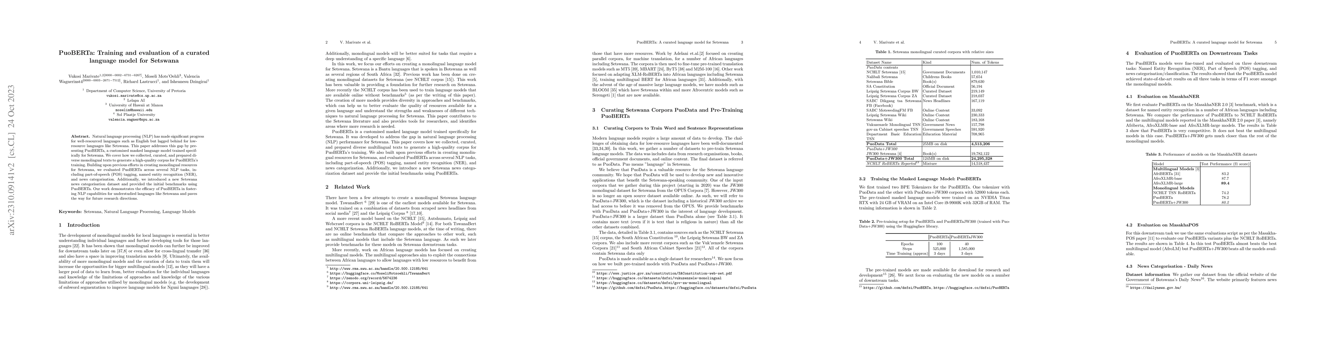 Thumbnail for PuoBERTa: Training and evaluation of a curated language model for
  Setswana