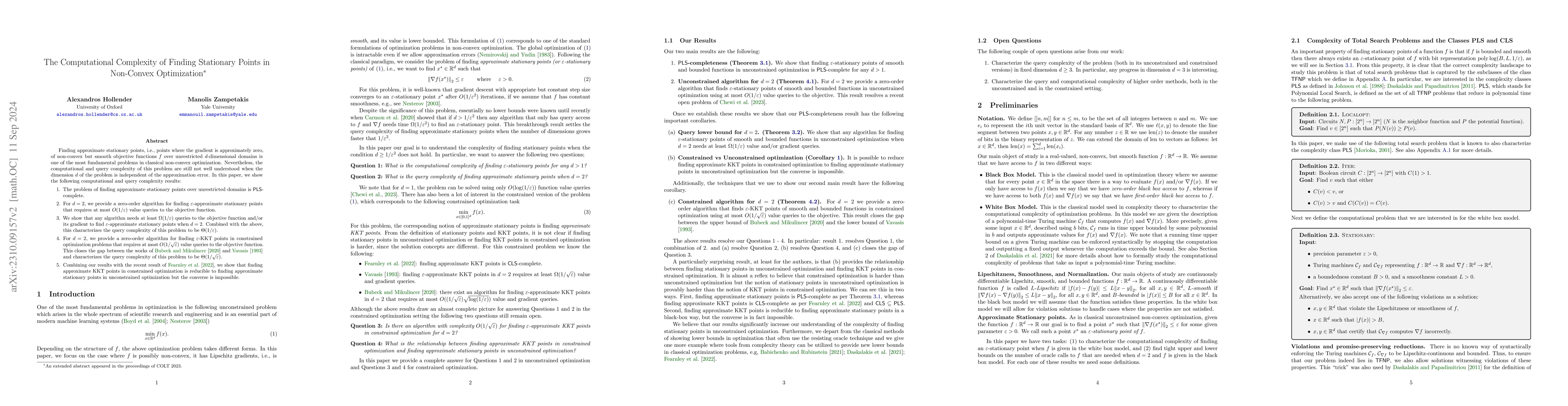 Thumbnail for The Computational Complexity of Finding Stationary Points in Non-Convex
  Optimization