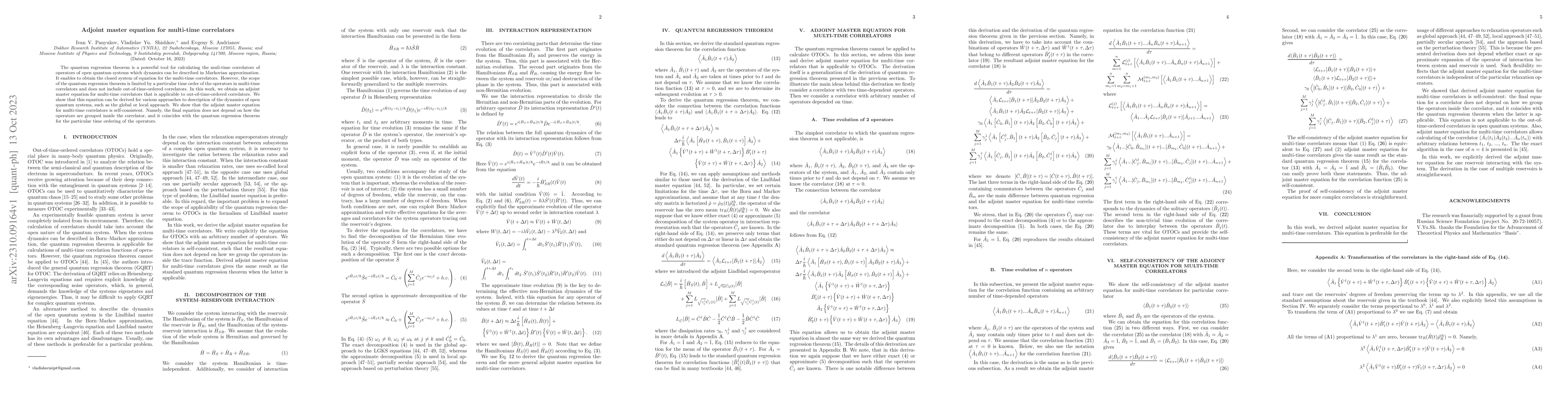 Thumbnail for Adjoint master equation for multi-time correlators