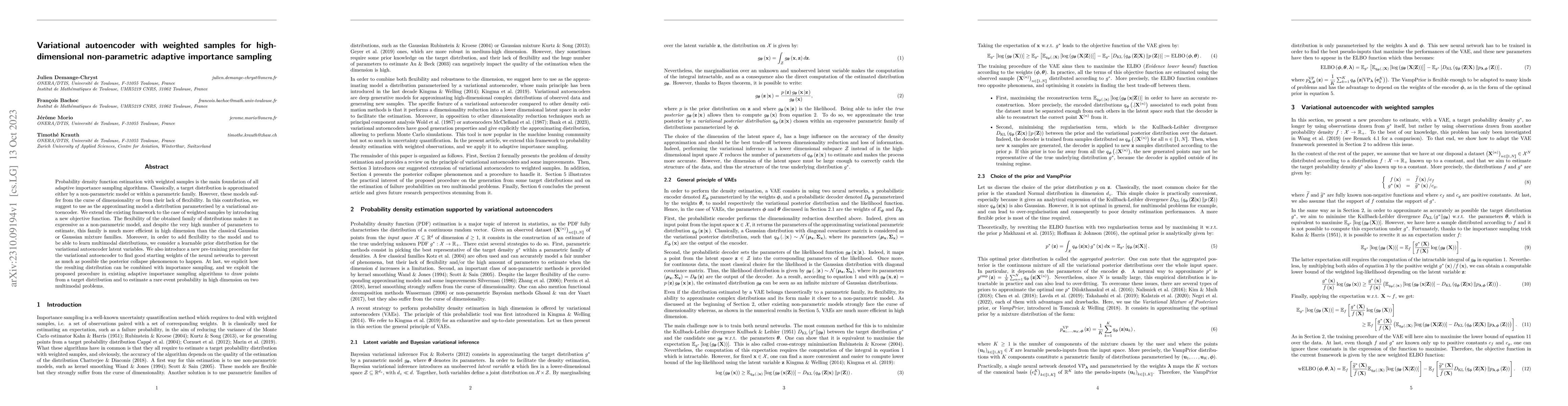 Thumbnail for Variational autoencoder with weighted samples for high-dimensional
  non-parametric adaptive importance sampling