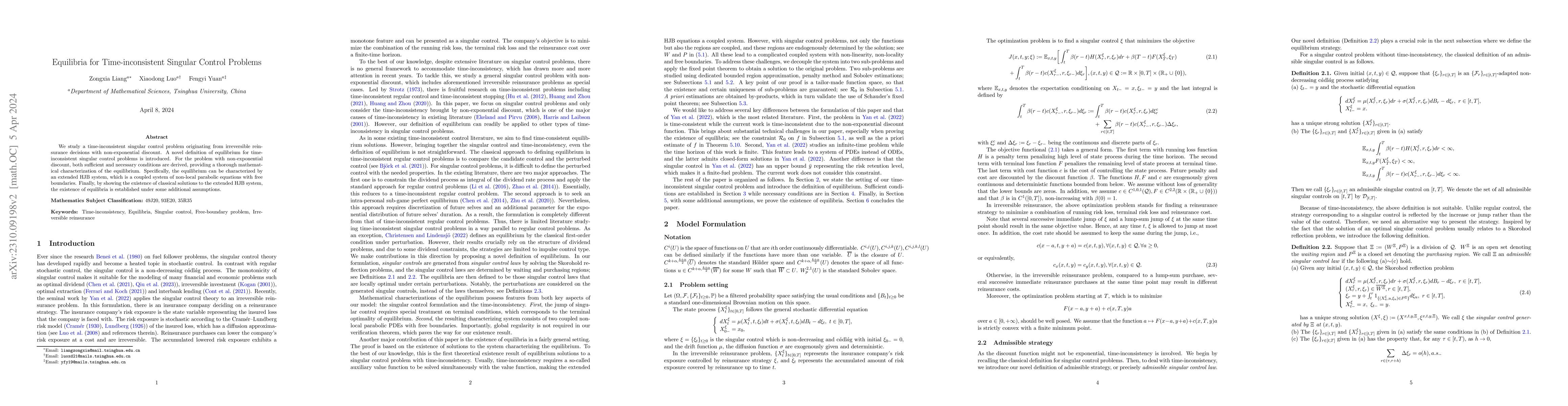 Thumbnail for Equilibria for Time-inconsistent Singular Control Problems