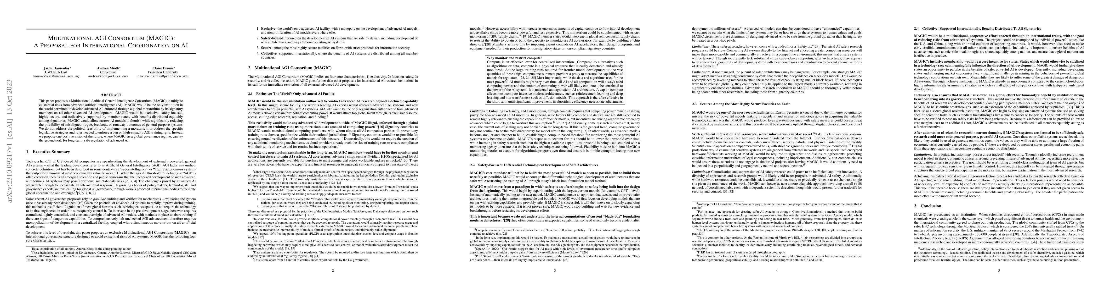 Thumbnail for Multinational AGI Consortium (MAGIC): A Proposal for International
  Coordination on AI