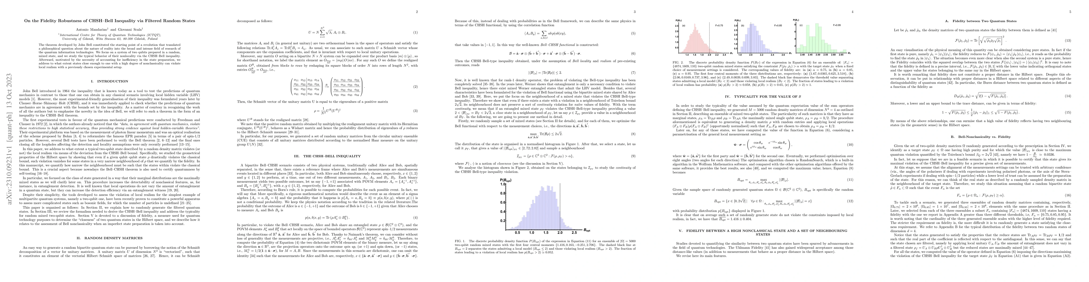 Thumbnail for On the Fidelity Robustness of CHSH--Bell Inequality via Filtered Random
  States