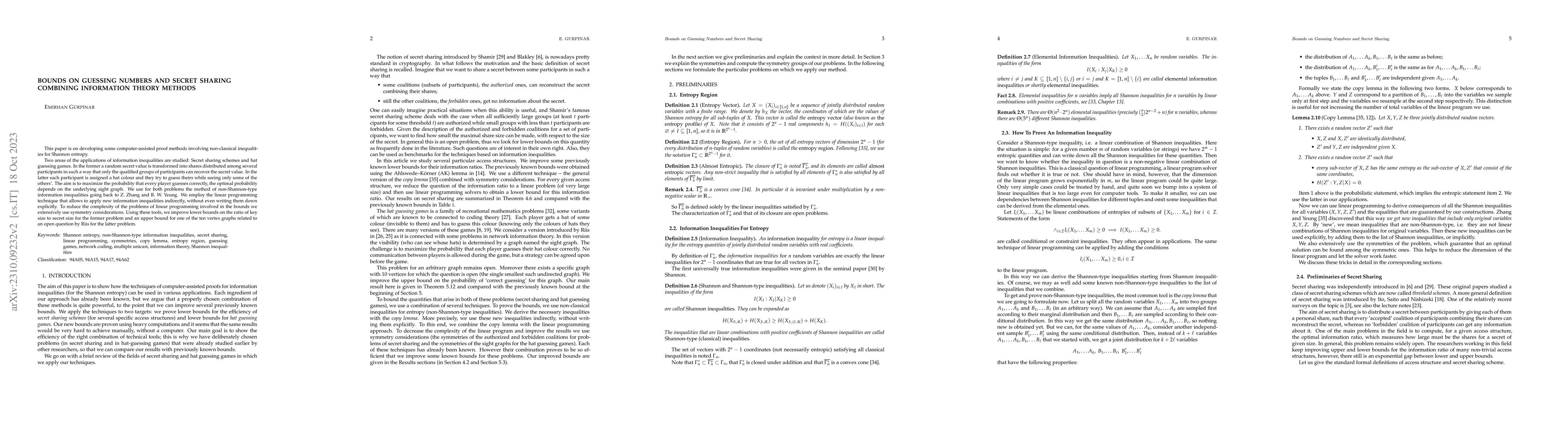 Thumbnail for Bounds on Guessing Numbers and Secret Sharing Combining Information
  Theory Methods