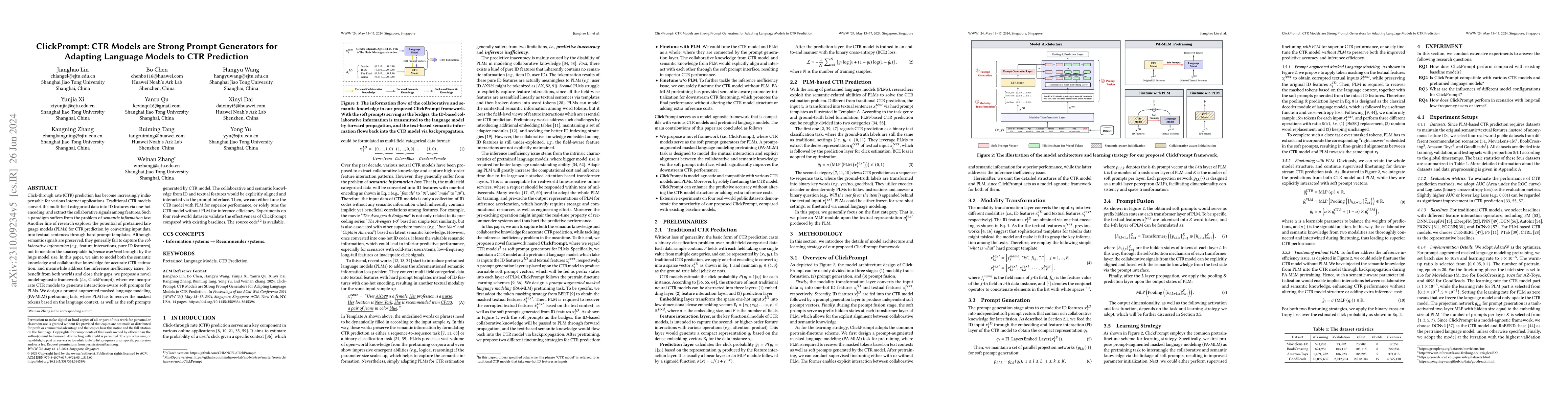 Thumbnail for ClickPrompt: CTR Models are Strong Prompt Generators for Adapting
  Language Models to CTR Prediction