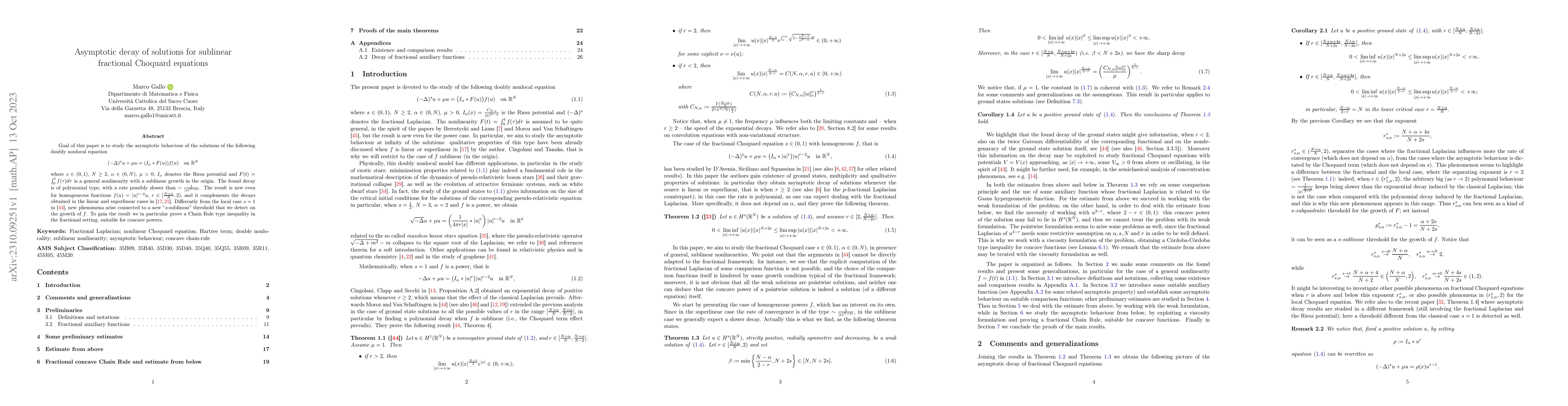 Thumbnail for Asymptotic decay of solutions for sublinear fractional Choquard
  equations