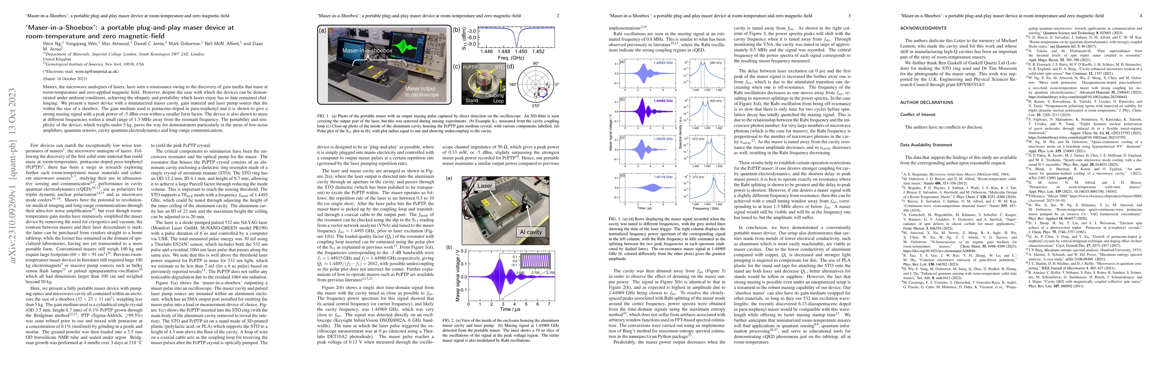 Thumbnail for `Maser-in-a-Shoebox': a portable plug-and-play maser device at
  room-temperature and zero magnetic-field