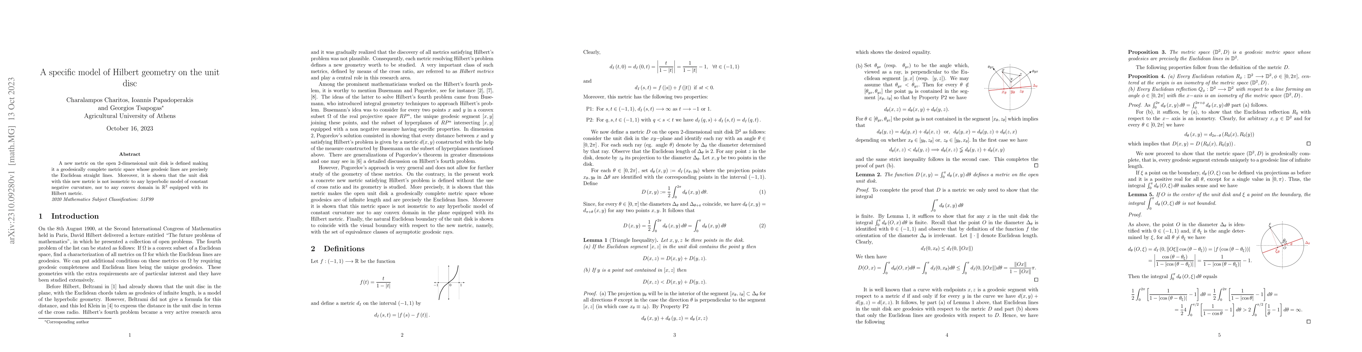 Thumbnail for A specific model of Hilbert geometry on the unit disc