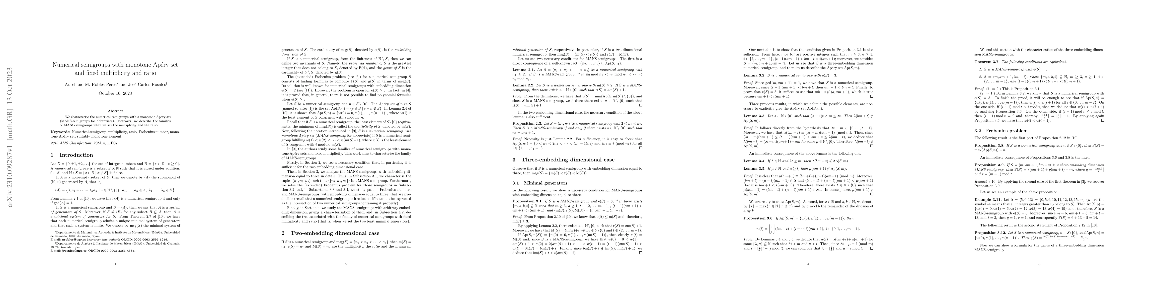 Thumbnail for Numerical semigroups with monotone Ap\'ery set and fixed multiplicity
  and ratio