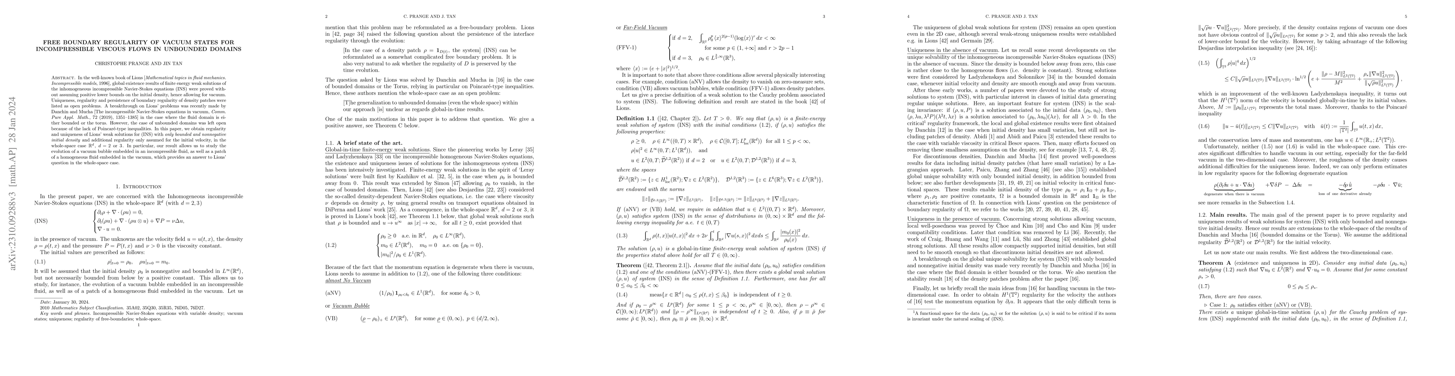 Thumbnail for Free boundary regularity of vacuum states for incompressible viscous
  flows in unbounded domains