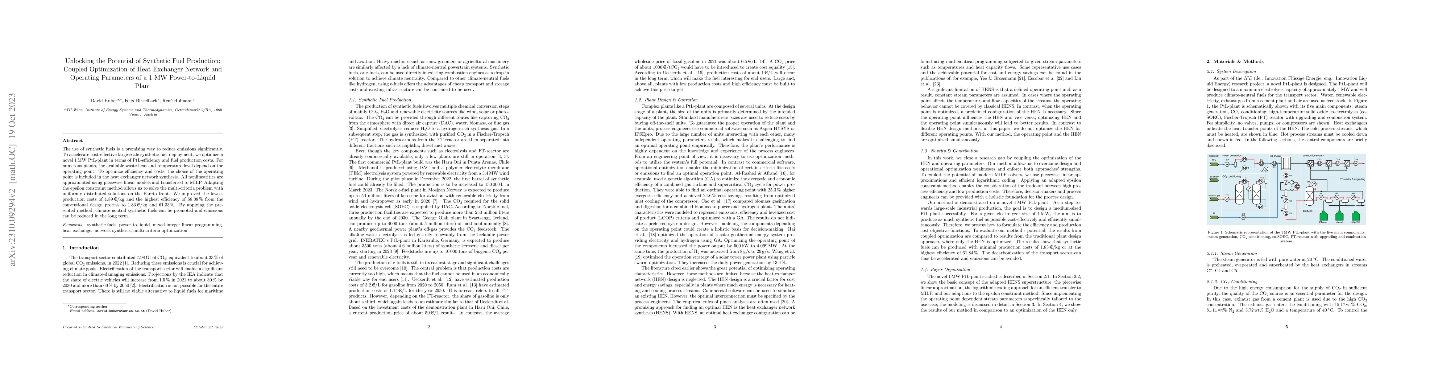 Thumbnail for Unlocking the Potential of Synthetic Fuel Production: Coupled
  Optimization of Heat Exchanger Network and Operating Parameters of a 1 MW
  Power-to-Liquid Plant