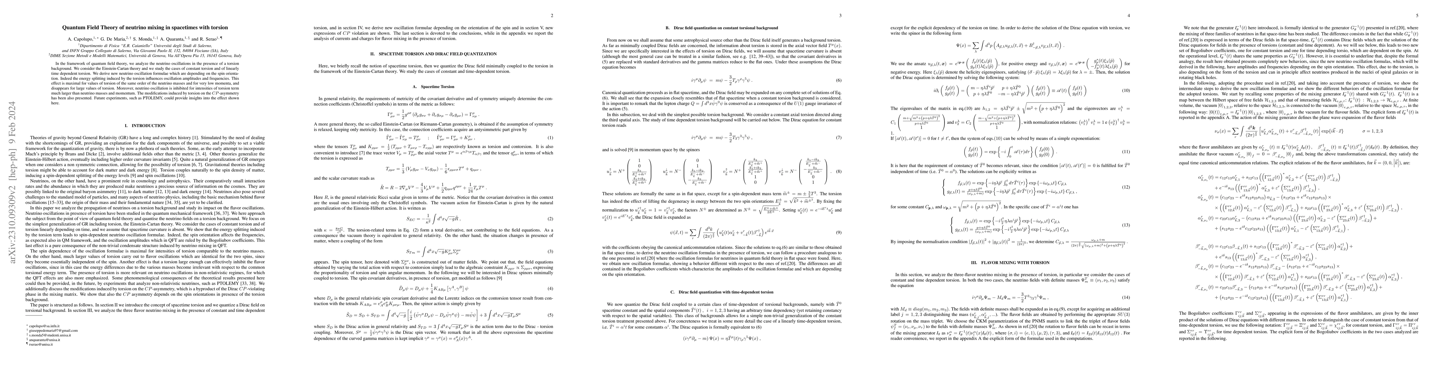 Thumbnail for Quantum Field Theory of neutrino mixing in spacetimes with torsion