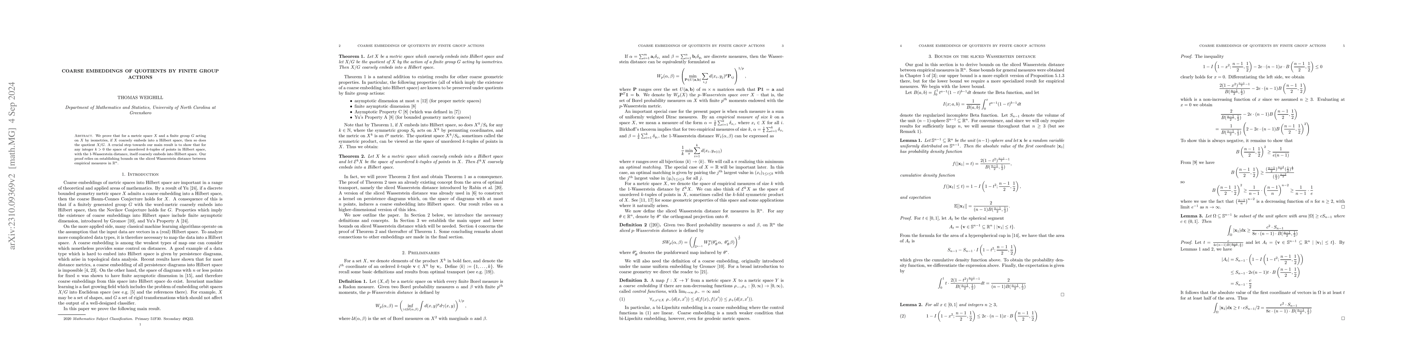 Thumbnail for Coarse embeddings of quotients by finite group actions via the sliced
  Wasserstein distance