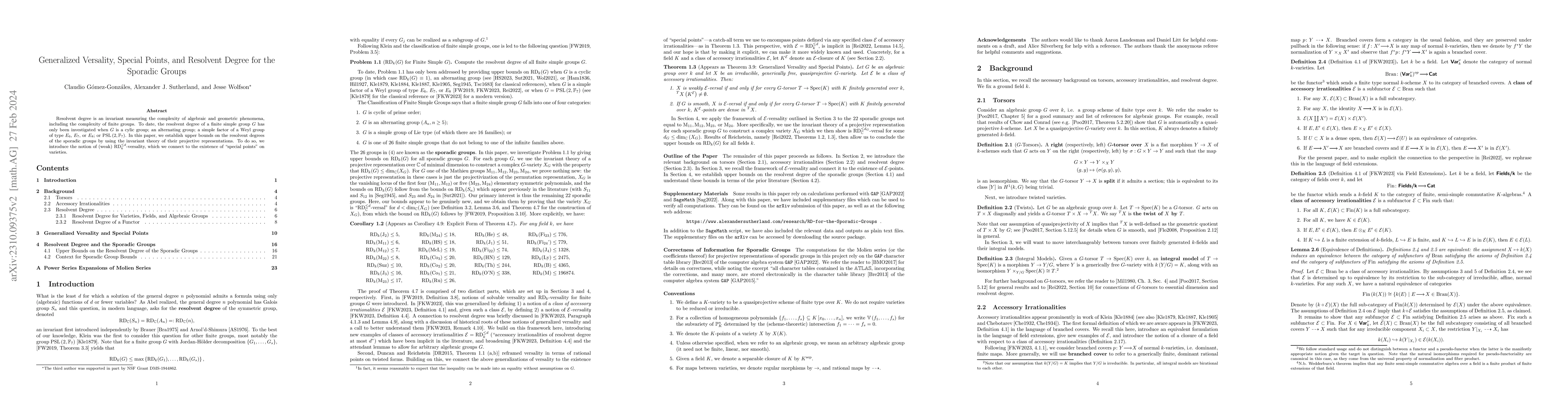 Thumbnail for Generalized Versality, Special Points, and Resolvent Degree for the
  Sporadic Groups