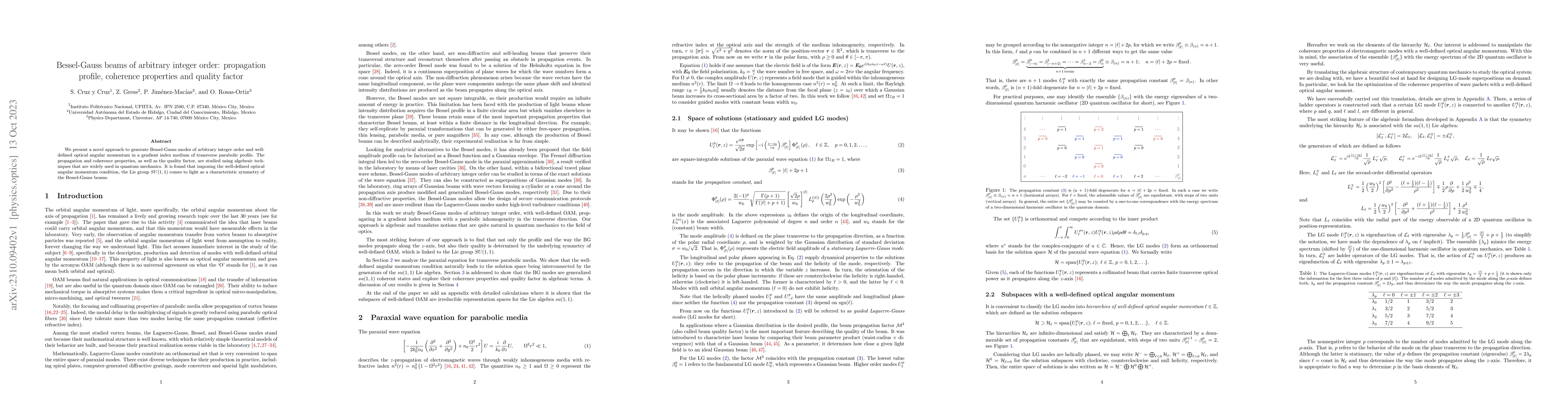 Thumbnail for Bessel-Gauss beams of arbitrary integer order: propagation profile,
  coherence properties and quality factor