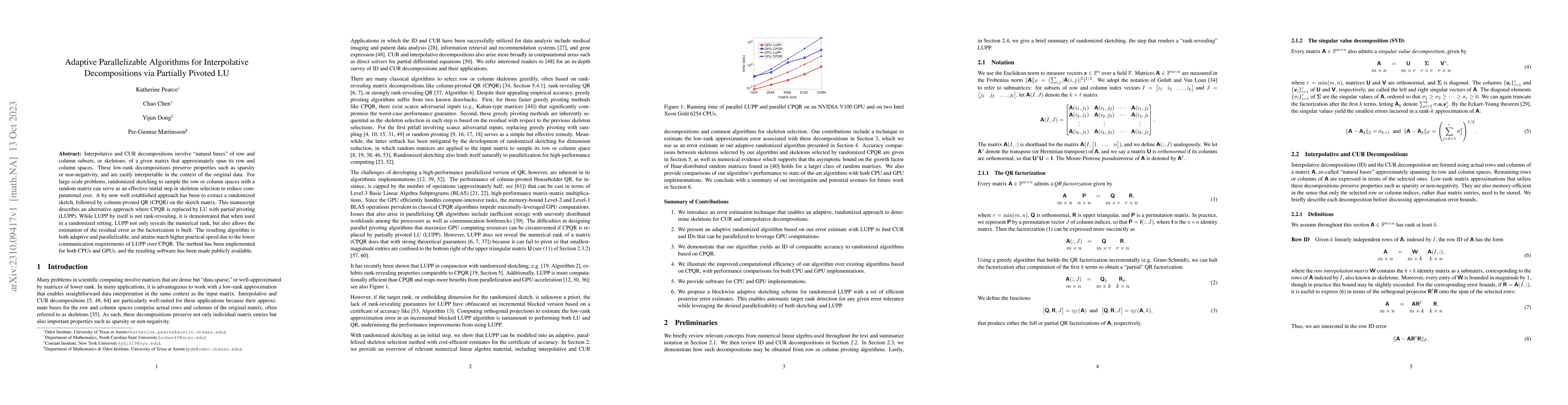 Thumbnail for Adaptive Parallelizable Algorithms for Interpolative Decompositions via
  Partially Pivoted LU