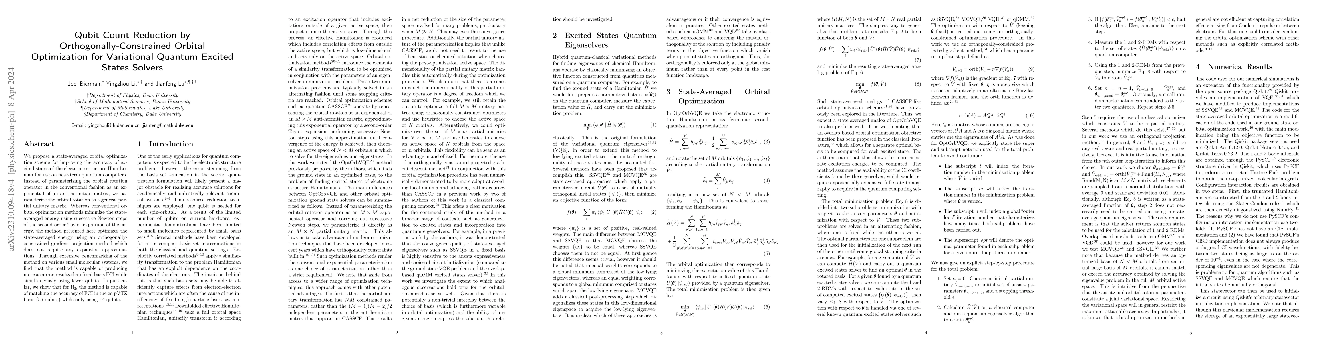Thumbnail for Qubit Count Reduction by Orthogonally-Constrained Orbital Optimization
  for Variational Quantum Excited States Solvers