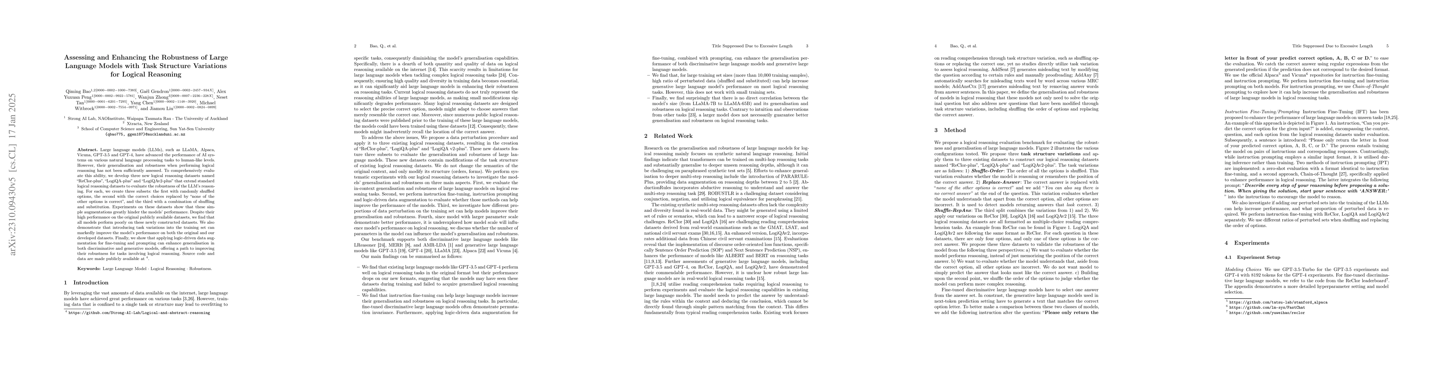 Thumbnail for Assessing and Enhancing the Robustness of Large Language Models with
  Task Structure Variations for Logical Reasoning