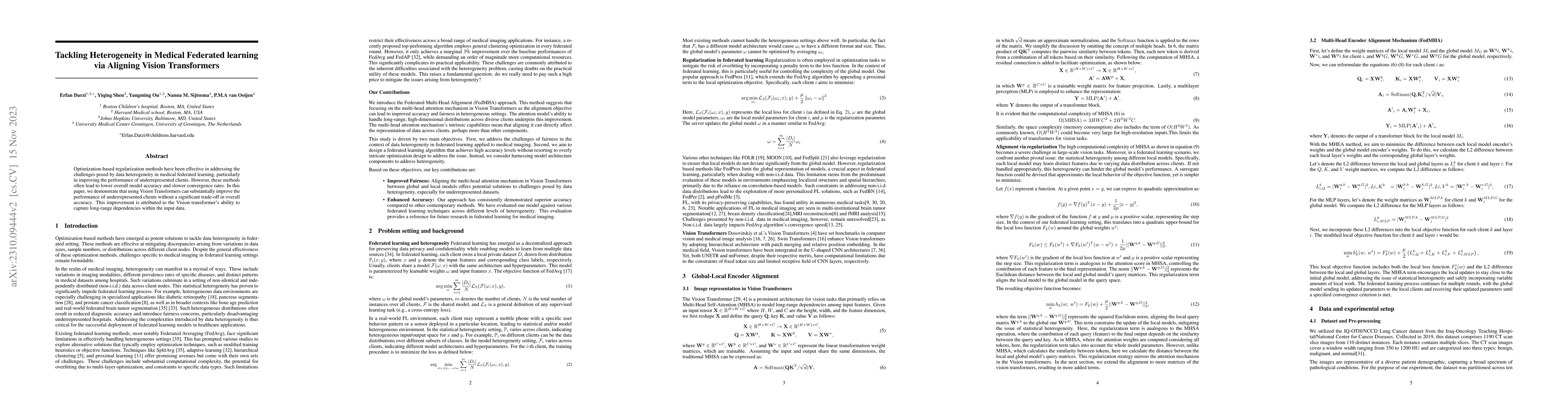 Thumbnail for Tackling Heterogeneity in Medical Federated learning via Vision
  Transformers