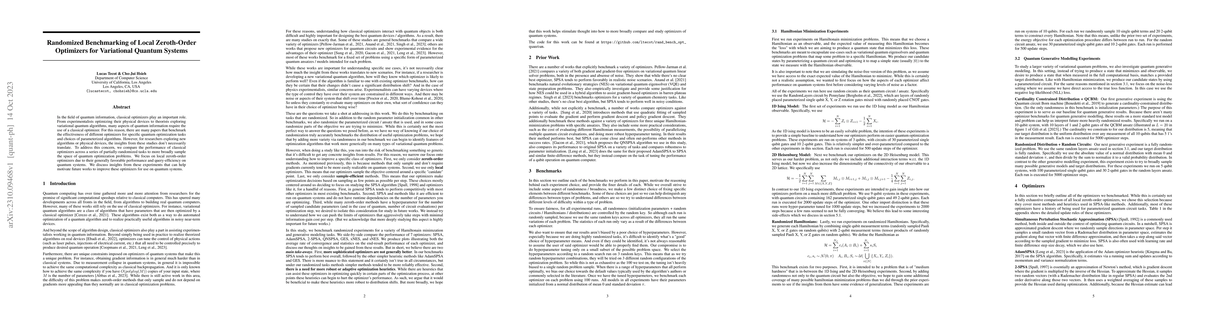 Thumbnail for Randomized Benchmarking of Local Zeroth-Order Optimizers for Variational
  Quantum Systems