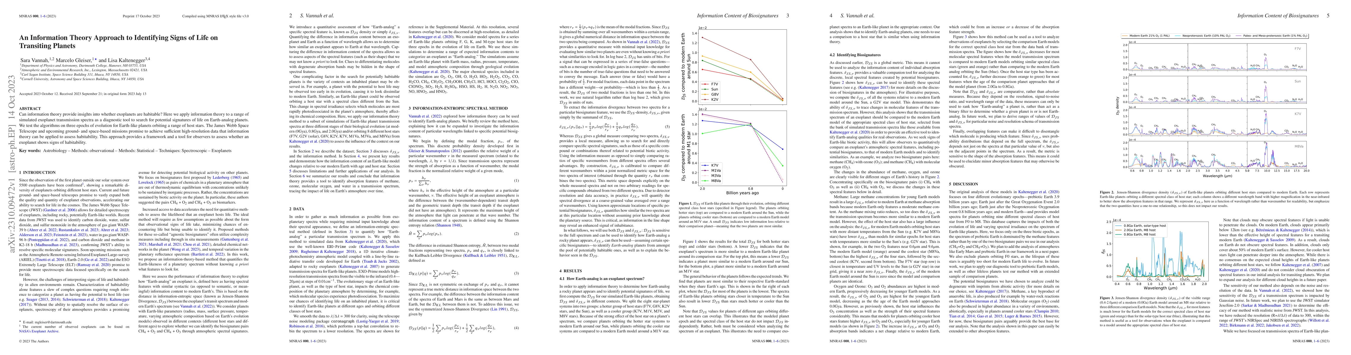 Thumbnail for An Information Theory Approach to Identifying Signs of Life on
  Transiting Planets