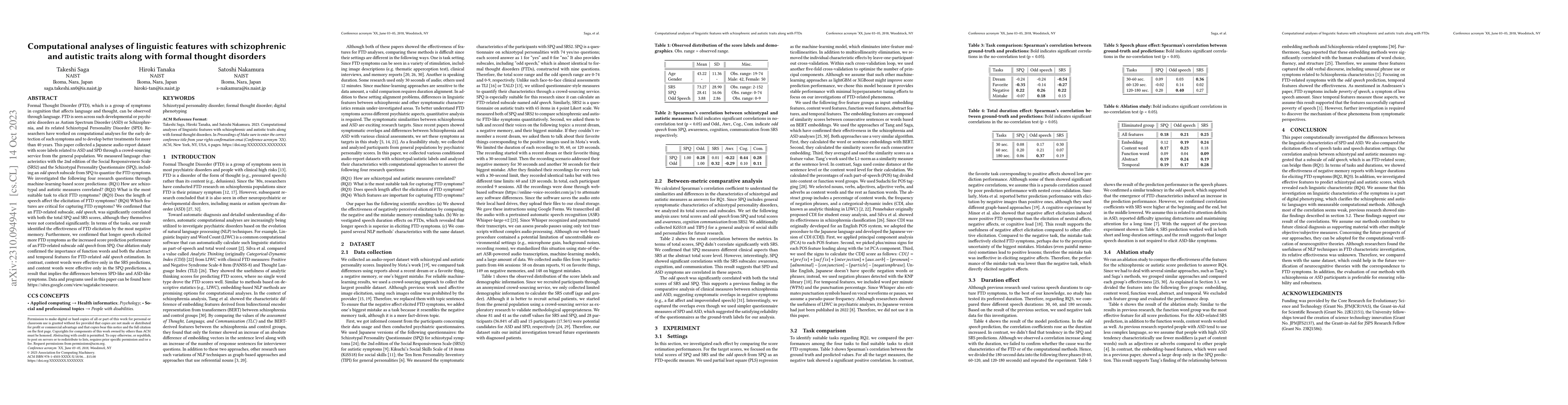 Thumbnail for Computational analyses of linguistic features with schizophrenic and
  autistic traits along with formal thought disorders