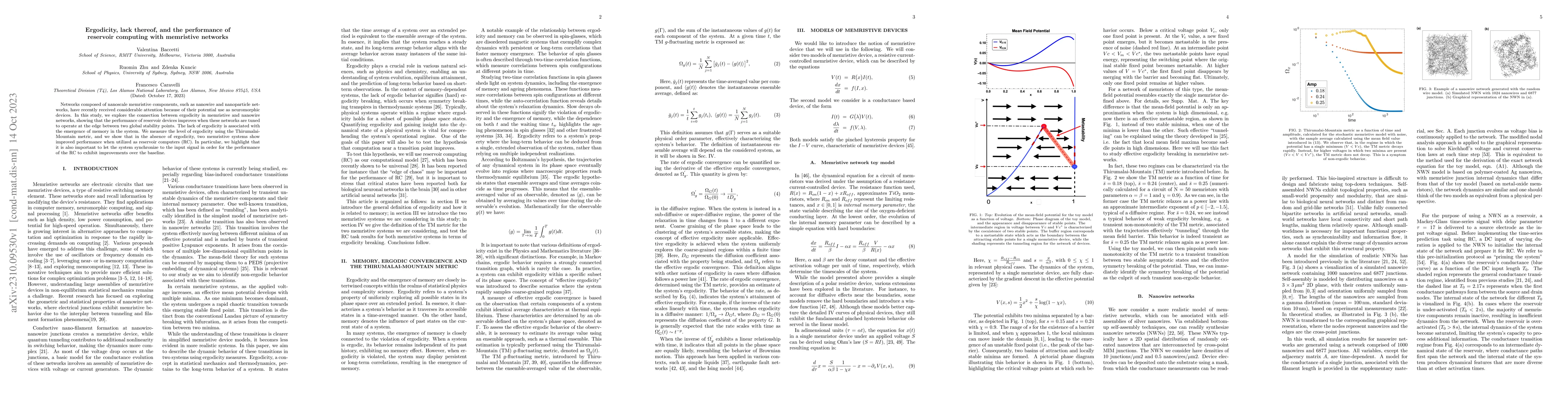 Thumbnail for Ergodicity, lack thereof, and the performance of reservoir computing
  with memristive networks