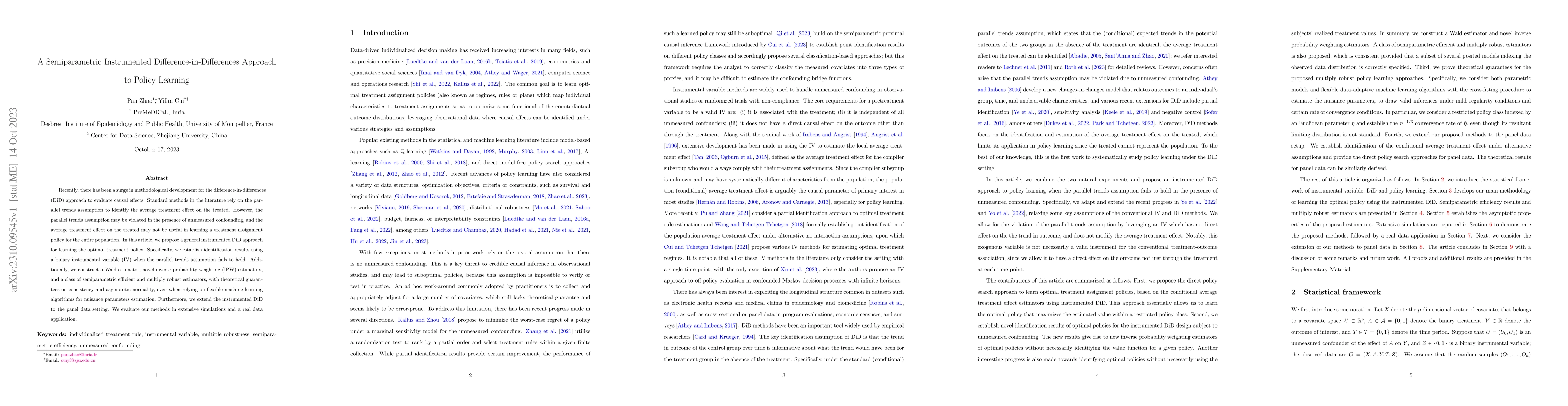 Thumbnail for A Semiparametric Instrumented Difference-in-Differences Approach to
  Policy Learning