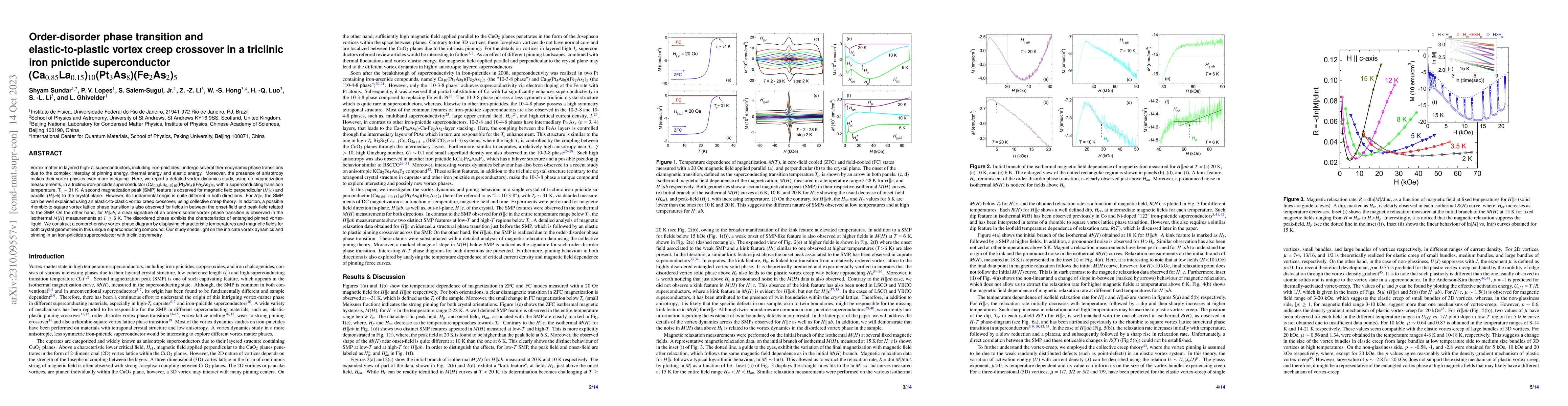 Thumbnail for Order-disorder phase transition and elastic-to-plastic vortex creep
  crossover in a triclinic iron pnictide superconductor
  (Ca0.85La0.15)10(Pt3As8)(Fe2As2)5