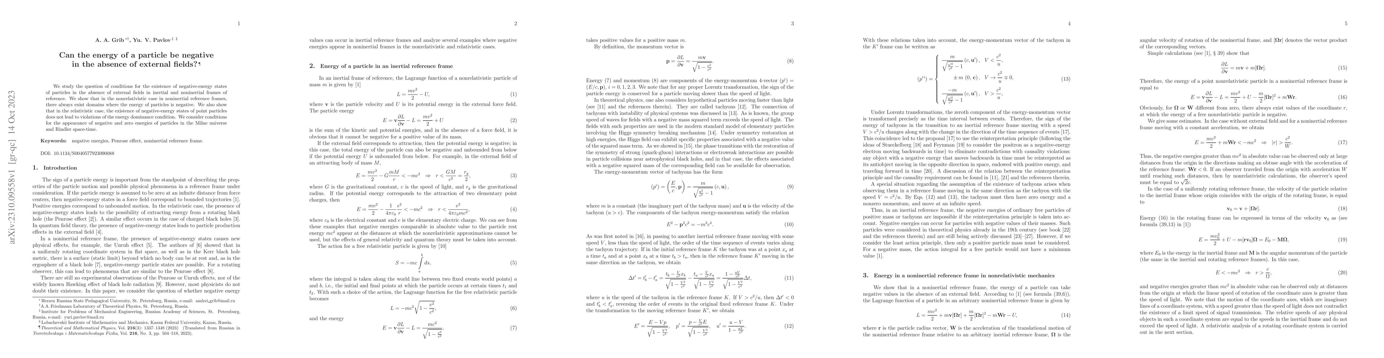 Thumbnail for Can the energy of a particle be negative in the absence of external
  fields?